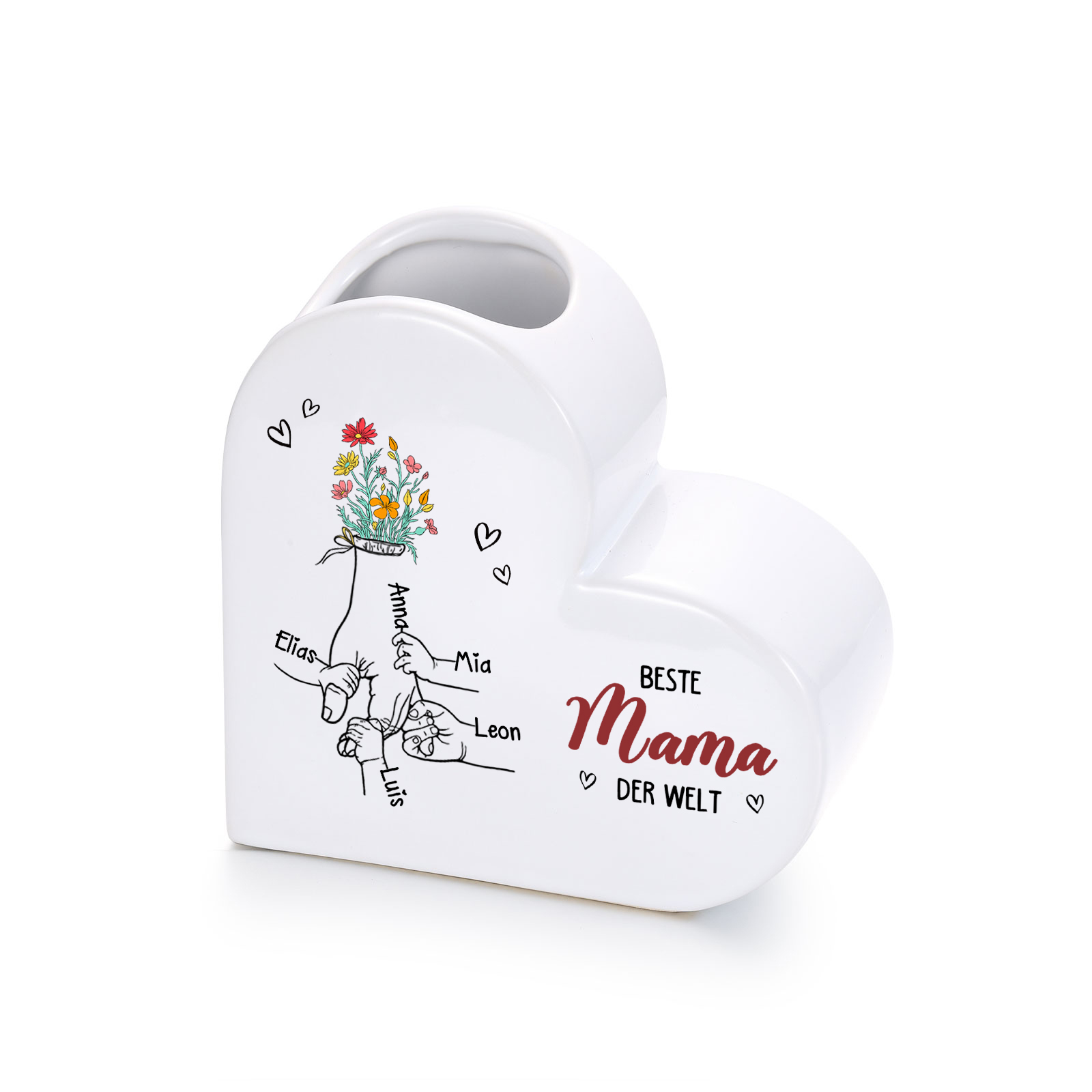 Personalisierte Keramik-Herzvase mit 2–6 Vornamen Beste Mama/Oma der Welt