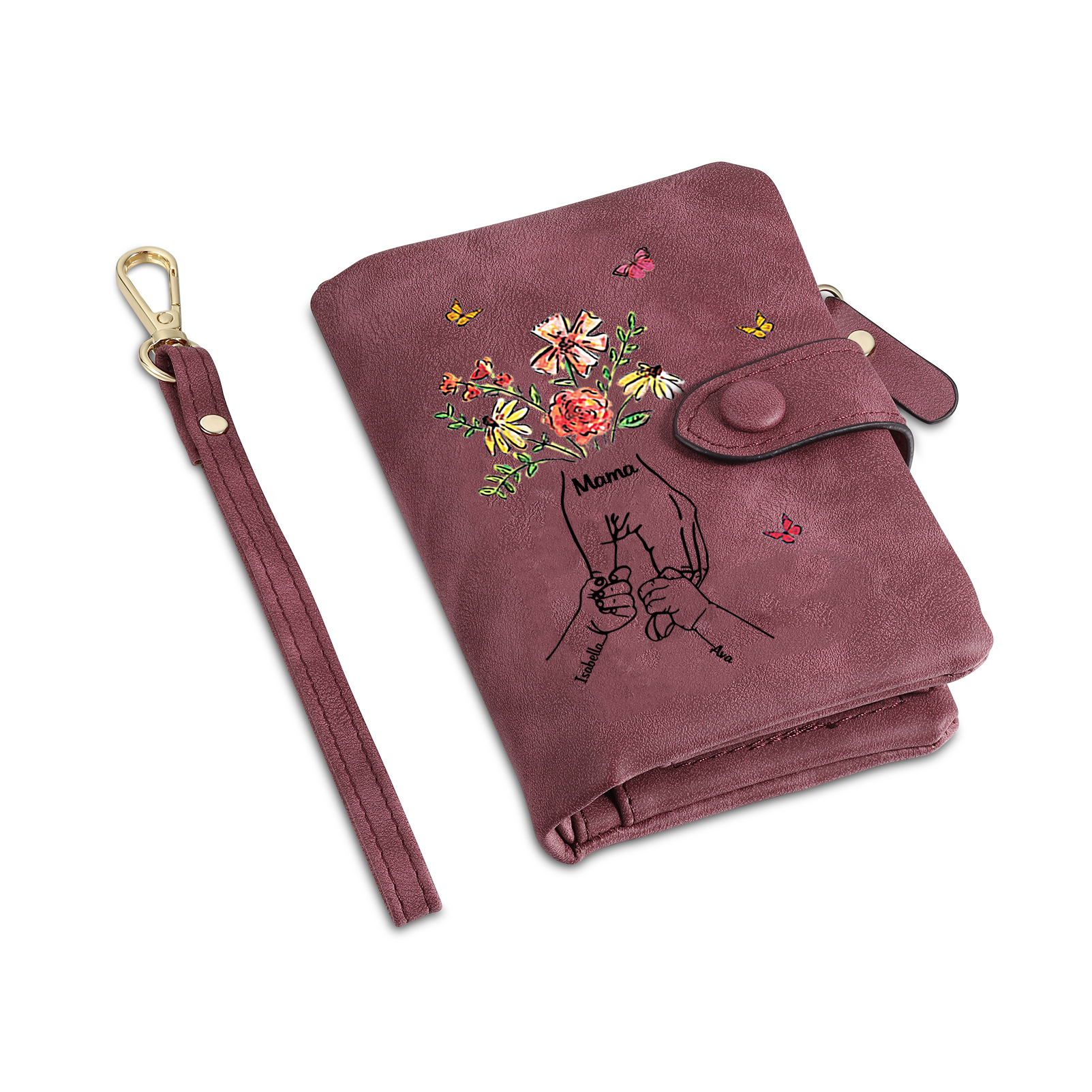 Personalisierte PU-Leder-Geldbörse mit Blumen und Hand-in-Hand-Motiv sowie 2–6 Namen – liebevolles Geschenk für Mama