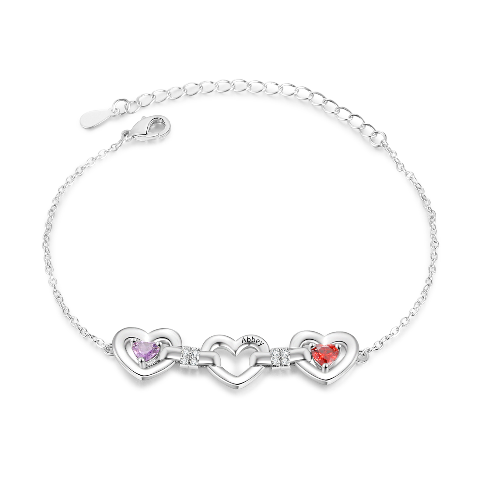 Personalisiertes Herz-Armband mit verbundenen Herzen, 1–4 Namen und Geburtssteinen