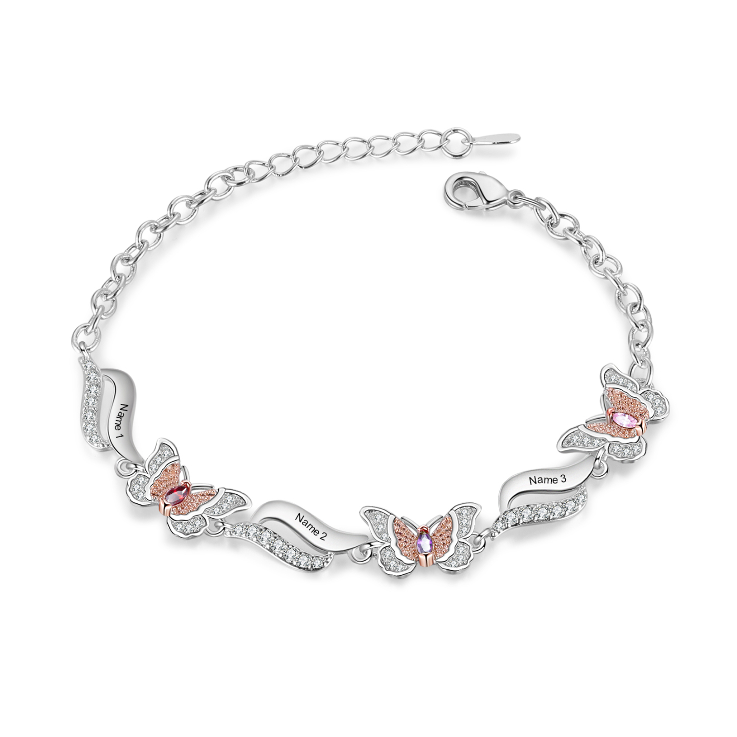 Personalisierte 3 Namen & 3 Geburtssteine Schmetterling Armband mit Zirkonia