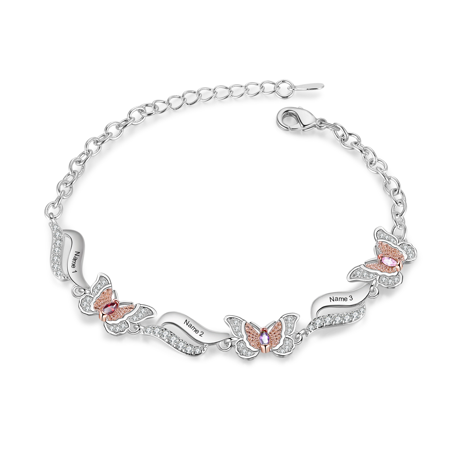 Personalisierte 3 Namen & 3 Geburtssteine Schmetterling Armband mit Zirkonia