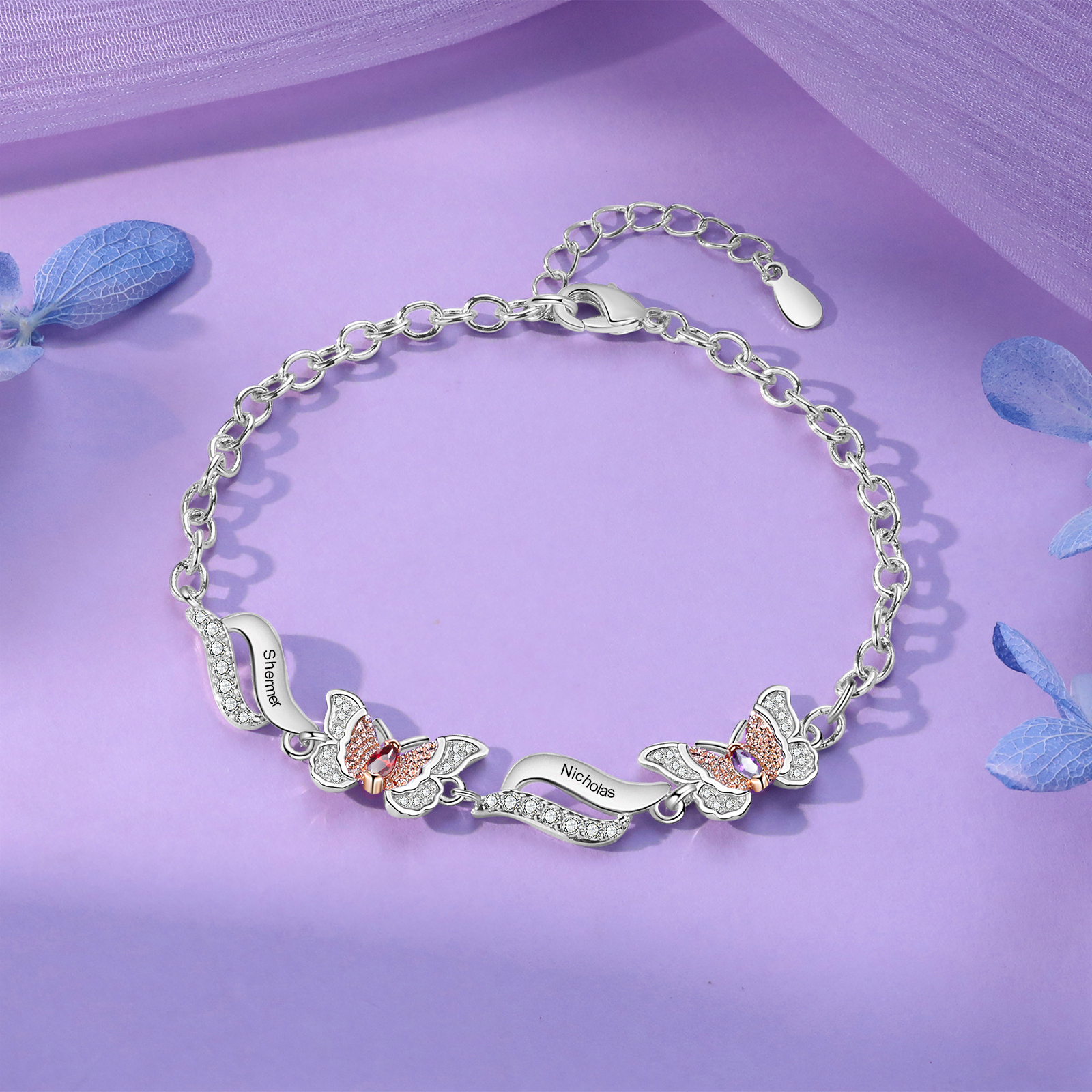 Personalisierte 2 Namen & 2 Geburtssteine Schmetterling Armband mit Zirkonia