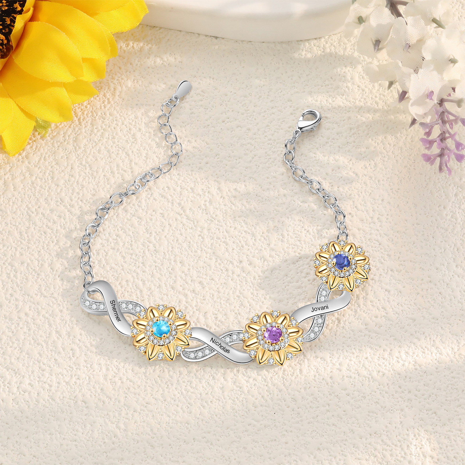 Personalisierte 3 Namen & 3 Geburtssteine Sonnenblume Infinity Armband mit Zirkonia
