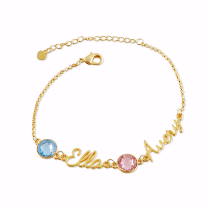 Personalisierte 2 Namen Armband mit 2 Geburtssteinen