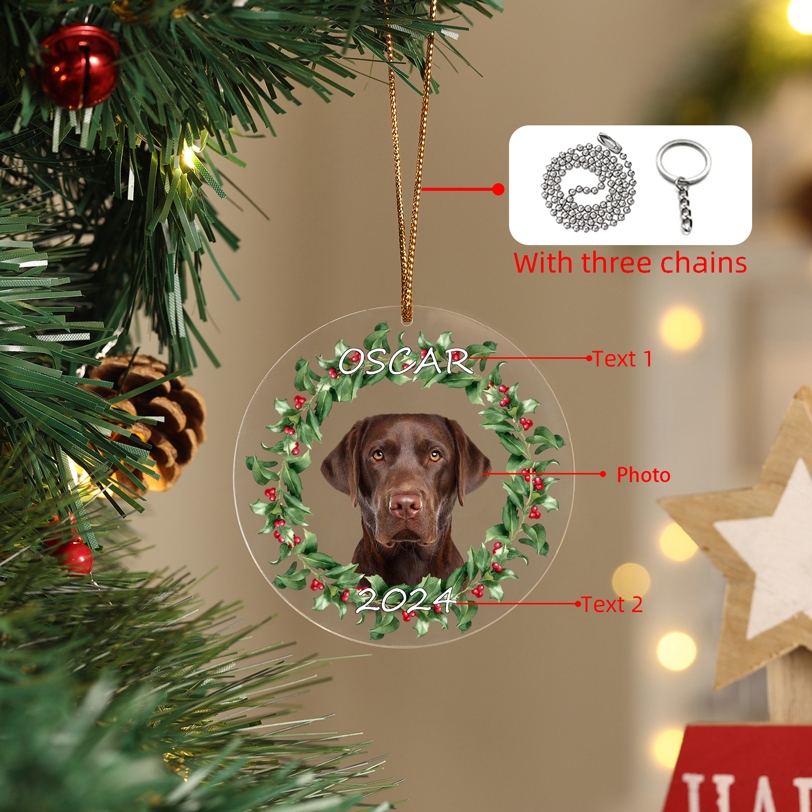 Acryl Weihnachtsornament-Personalisiertes Foto & 2 Texte Haustier Weihnachtsanhänger – 5 Stile zur Auswahl