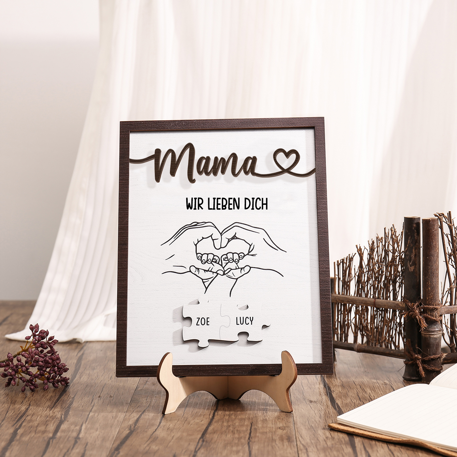 Holz Deko-Personalisierbare 2 Namen Ornament Mama Wir lieben dich Holzdekoration für Mutter