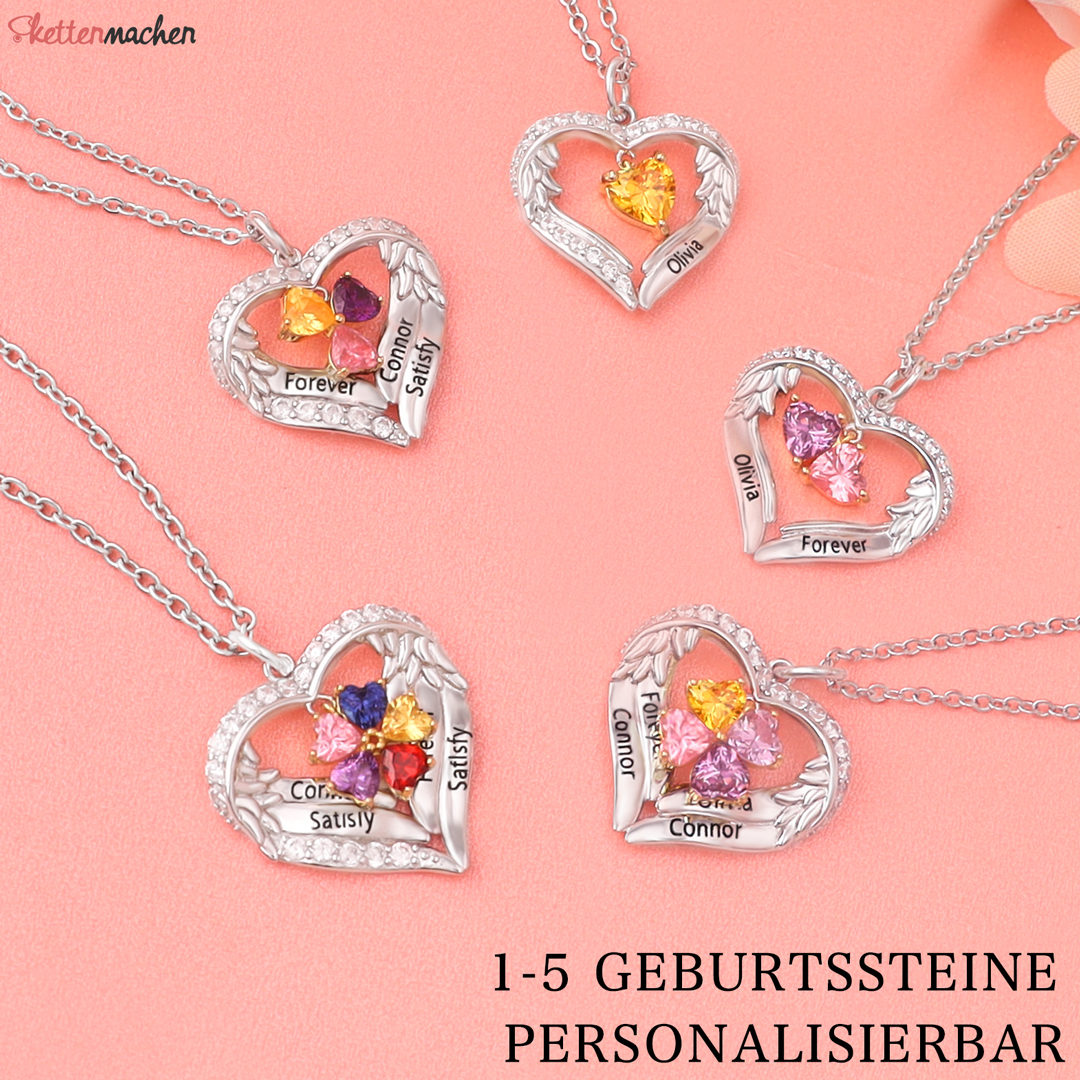 S925 Silber Gravur 4 Namen Herz Engel Flügel Halskette mit 4 Geburtssteinen