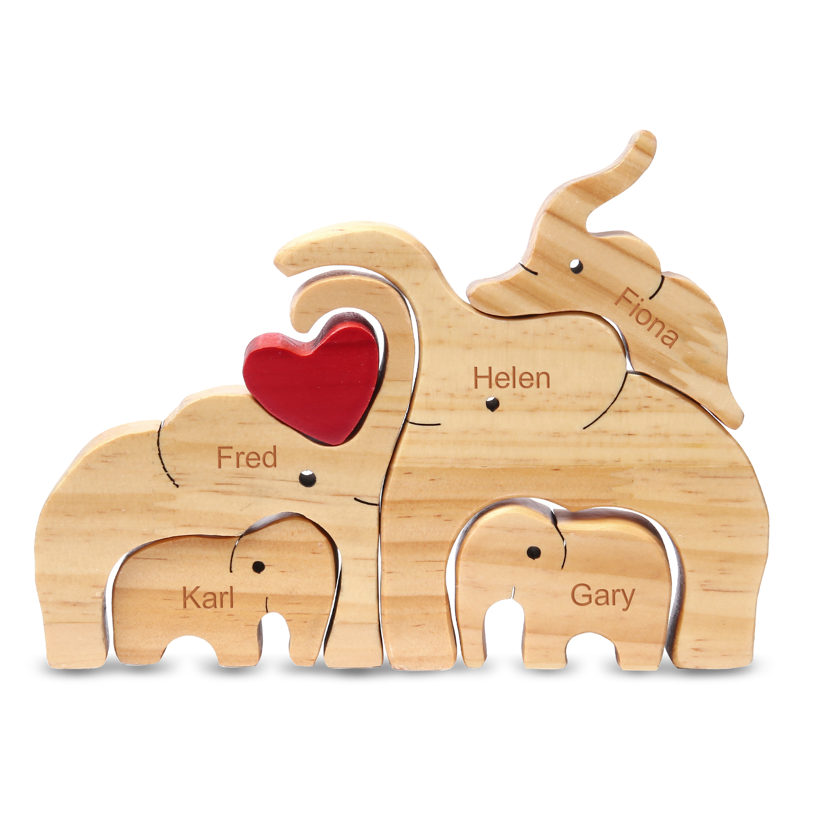 Holzskulptur-Personalisierte 5 Namen Elefanten Familien Holz Deko für Familie
