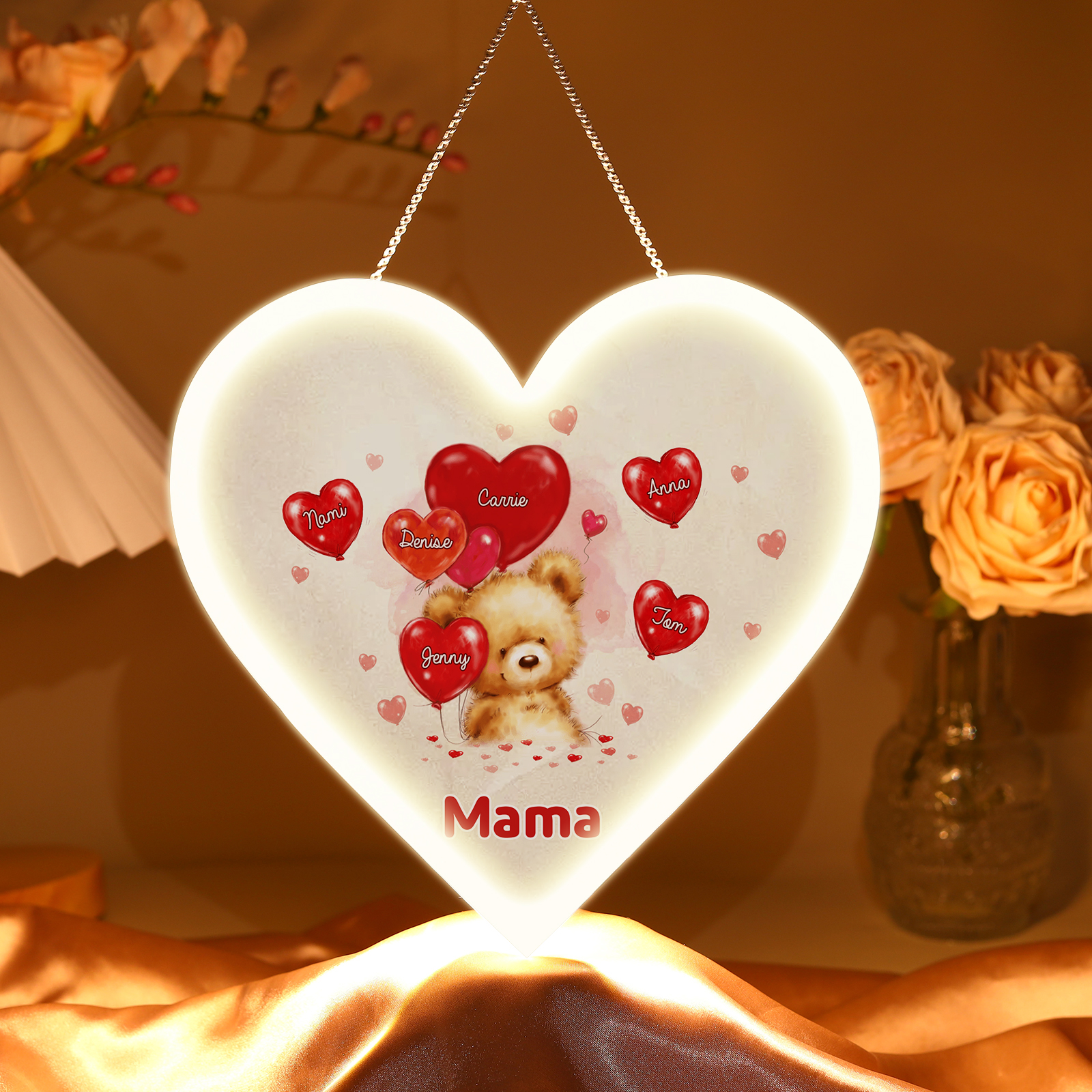 Personalisierte 6 Namen & Text Teddybär mit Ballonherz Herz Ornament Licht Acryl Hängender Geschenk für Mutter