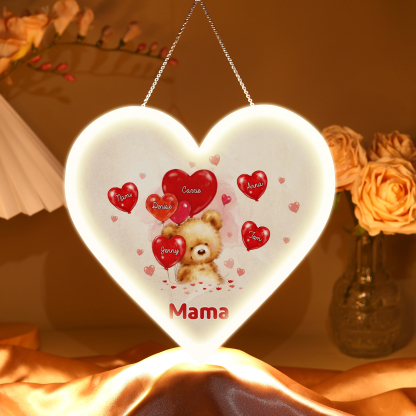 Personalisierte 6 Namen & Text Teddybär mit Ballonherz Herz Ornament Licht Acryl Hängender Geschenk für Mutter