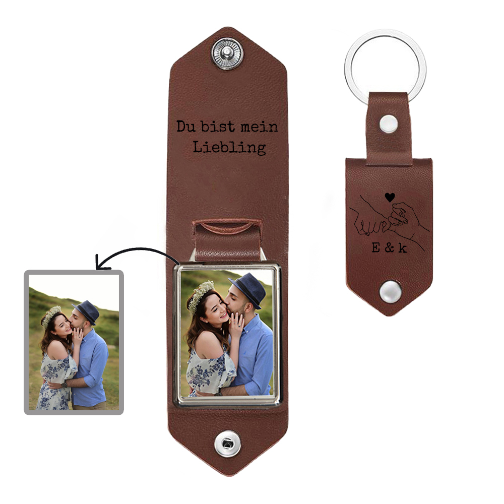 Personalisierter Foto & Text & 2 Buchstaben Leder Schlüsselanhänger für Paar