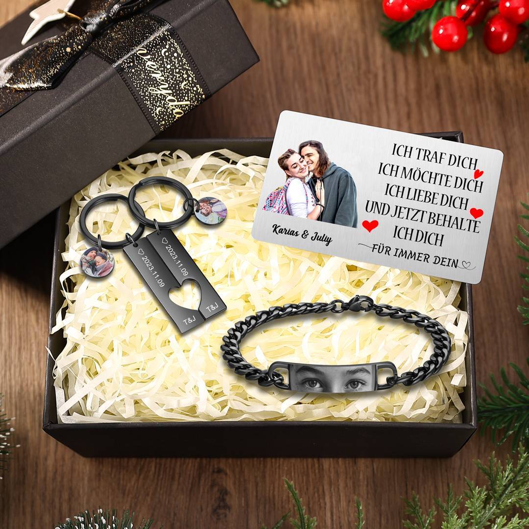 Personalisierte 2 Namen & 2 Fotos & 2 Daten Schlüsselanhänger & 1 Foto Edelstahl Schwarz Armband & 1 Foto & 2 Namen Wallet Card Geschenkbox Set für Paar