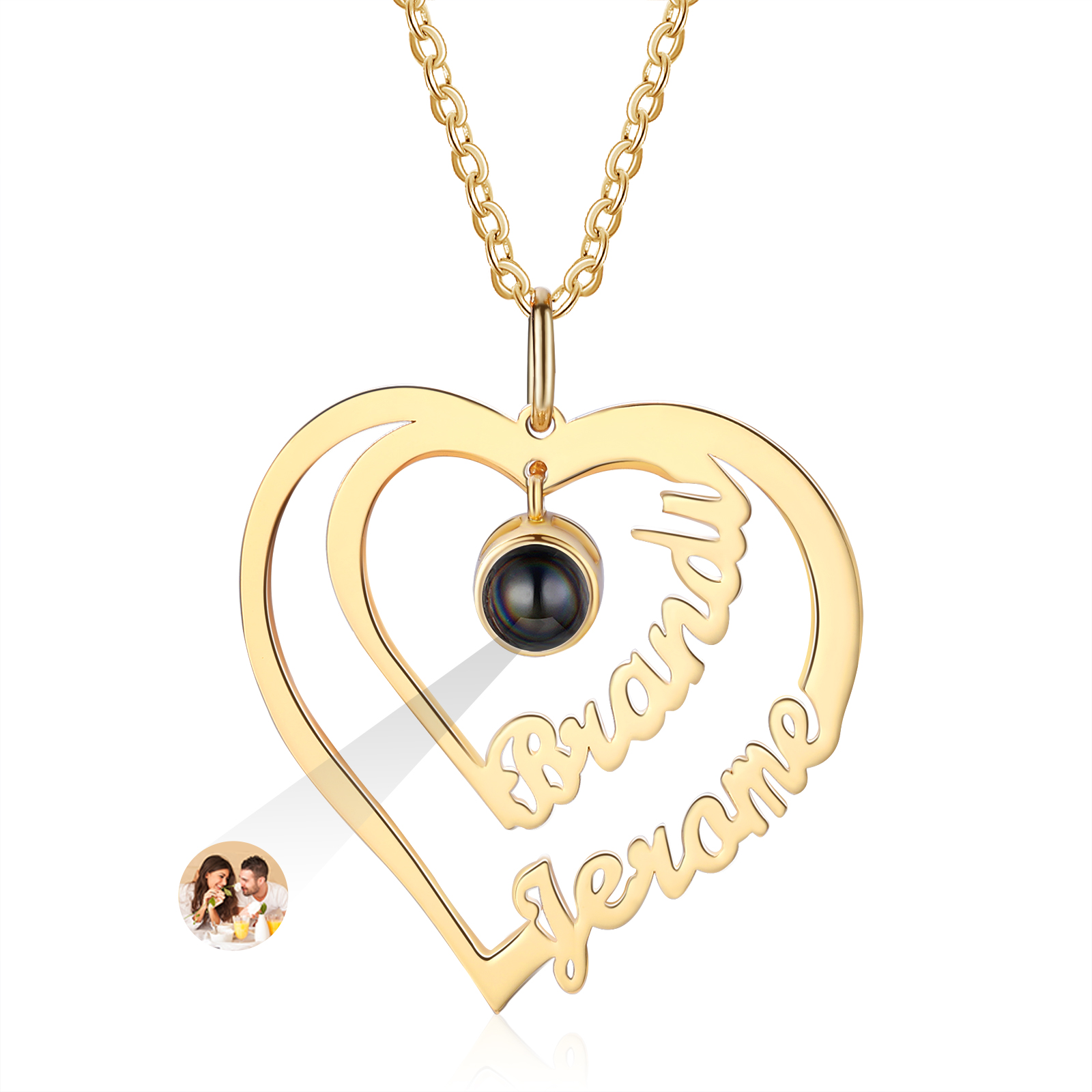 Personalisiertes Foto & Gravur 2 Namen Herz Projektion Halskette