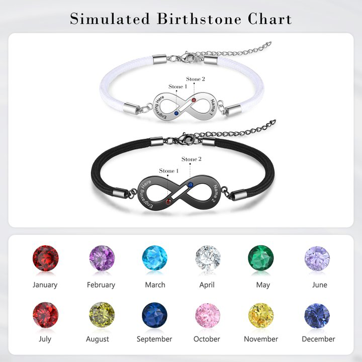 Paar Infinity Armband mit Name, Text und Geburtsstein Graviert, Valentinstag Geschenk Endlosarmband