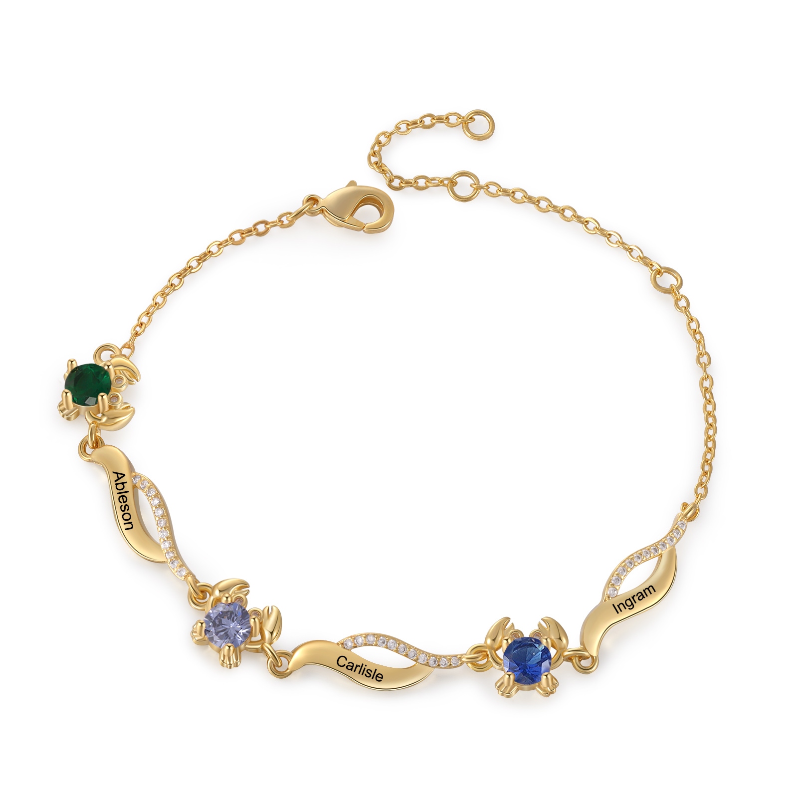 Personalisierte 3 Namen Krabbe Fußkette mit Geburtsstein