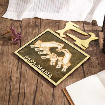 PAPA-MAMA Holz Deko-Personalisierbare 7 Namen Ornament Familie Hand in Hand Holzdekoration für Eltern