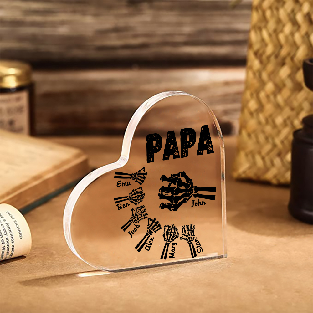 Personalisierte 7 Namen Acryl-Deko Papa Skelett Hand Schreibtischdekoration für Vater