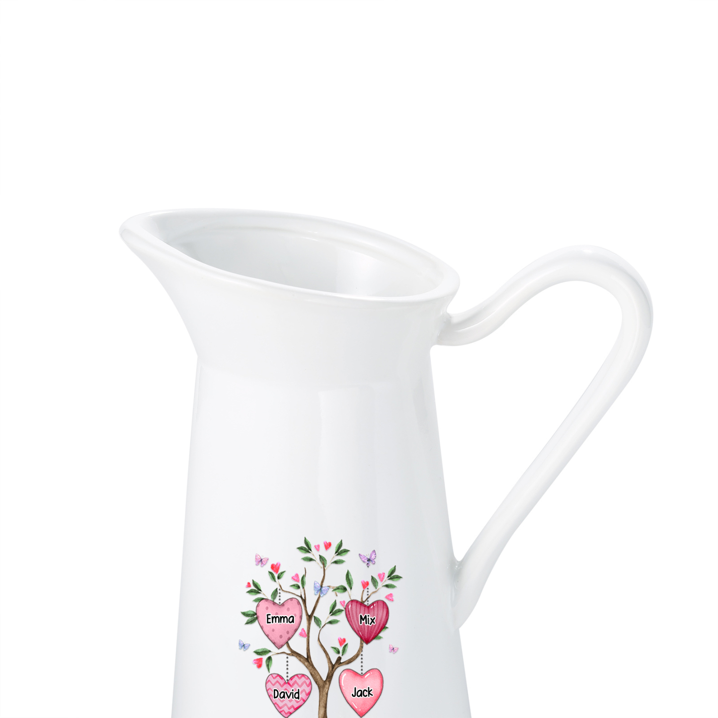 Personalisierte 4 Namen & Datum & Text Herz Familienbaum Gießvase mit Henkel Familie Vase