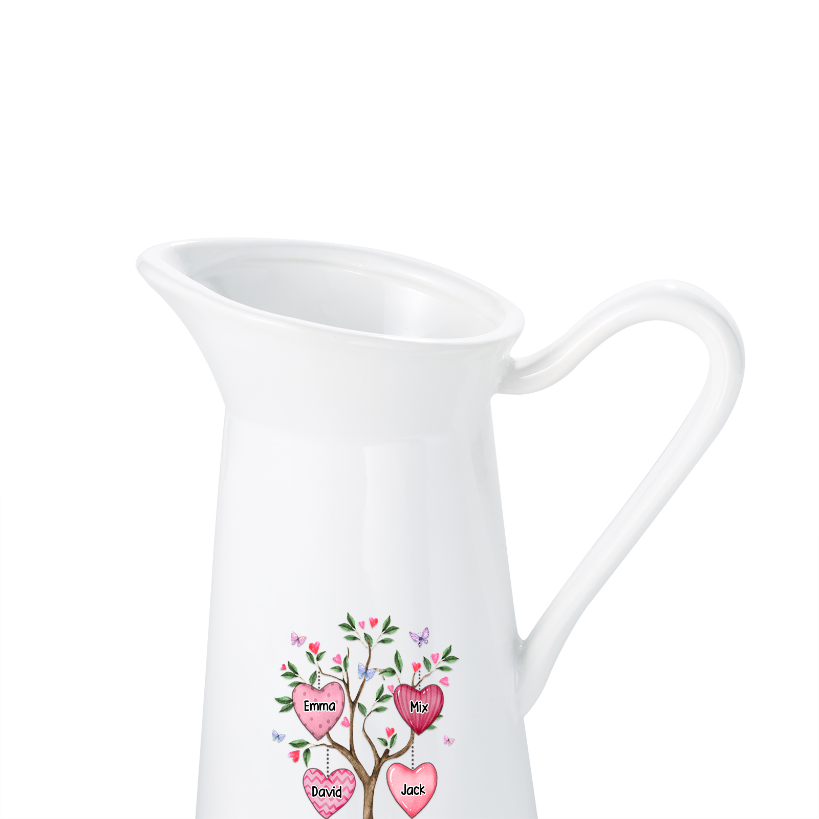 Personalisierte 4 Namen & Datum & Text Herz Familienbaum Gießvase mit Henkel Familie Vase