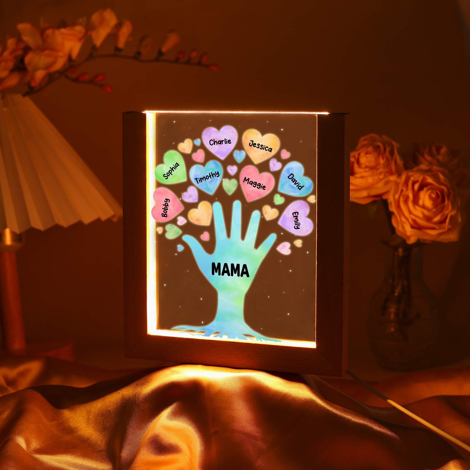 Personalisierte 8 Namen & Text Familie Hand Acryl Rahmen Nachtlicht Geschenk für Großmutter/Mutter zum Muttertag