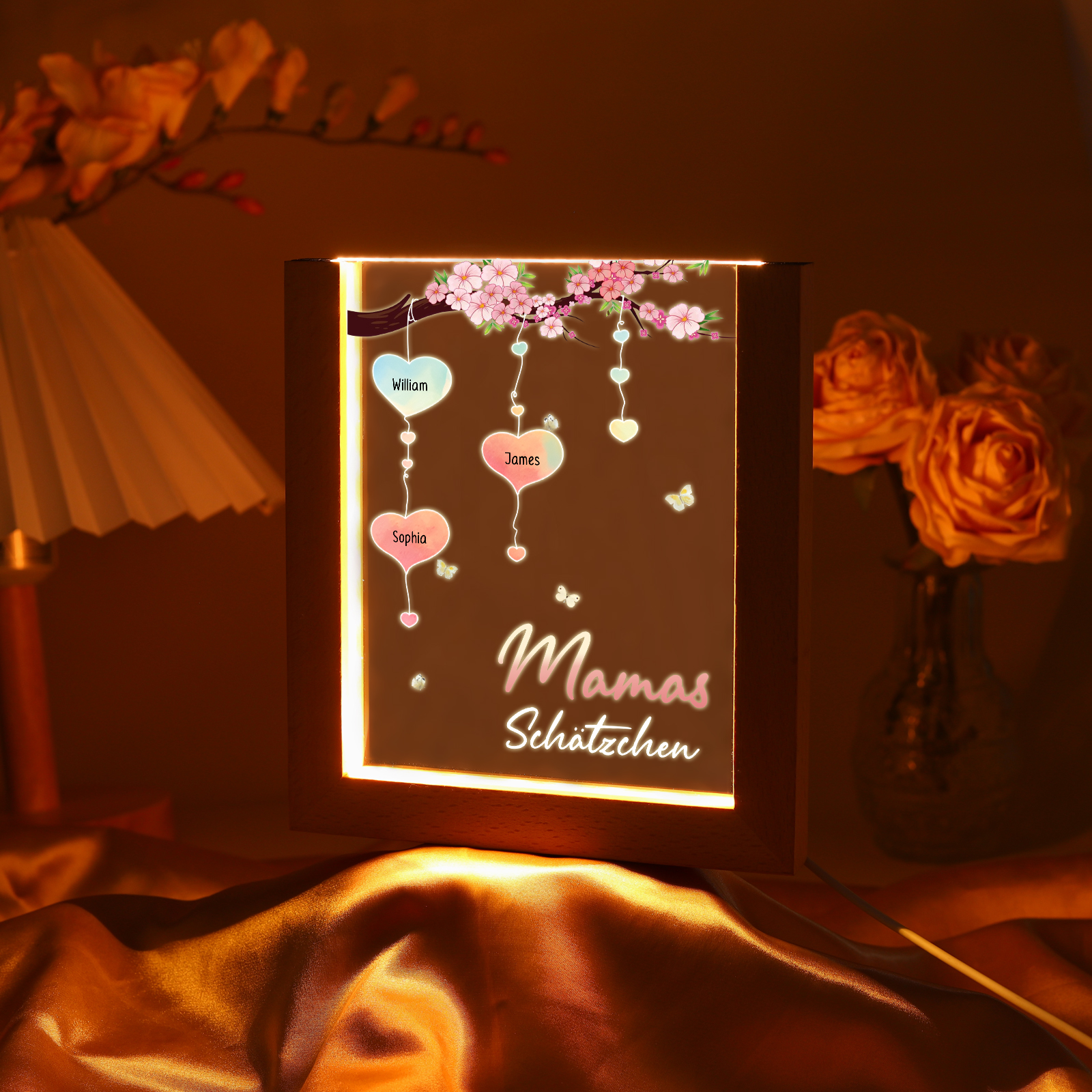 Personalisierte 3 Namen & Text Pfirsichblüte Familienbaum Acryl Rahmen Nachtlicht Geschenk für Großmutter/Mutter zum Muttertag