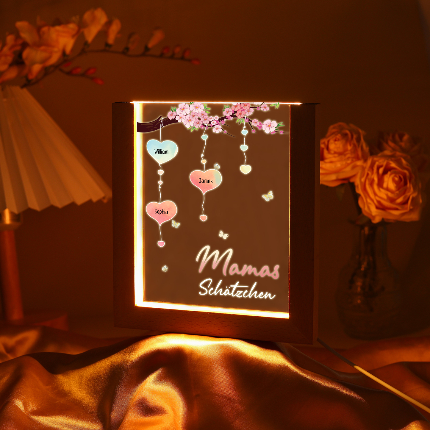 Personalisierte 3 Namen & Text Pfirsichblüte Familienbaum Acryl Rahmen Nachtlicht Geschenk für Großmutter/Mutter zum Muttertag