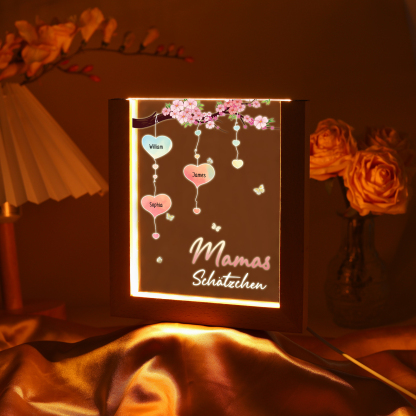 Personalisierte 3 Namen & Text Pfirsichblüte Familienbaum Acryl Rahmen Nachtlicht Geschenk für Großmutter/Mutter zum Muttertag