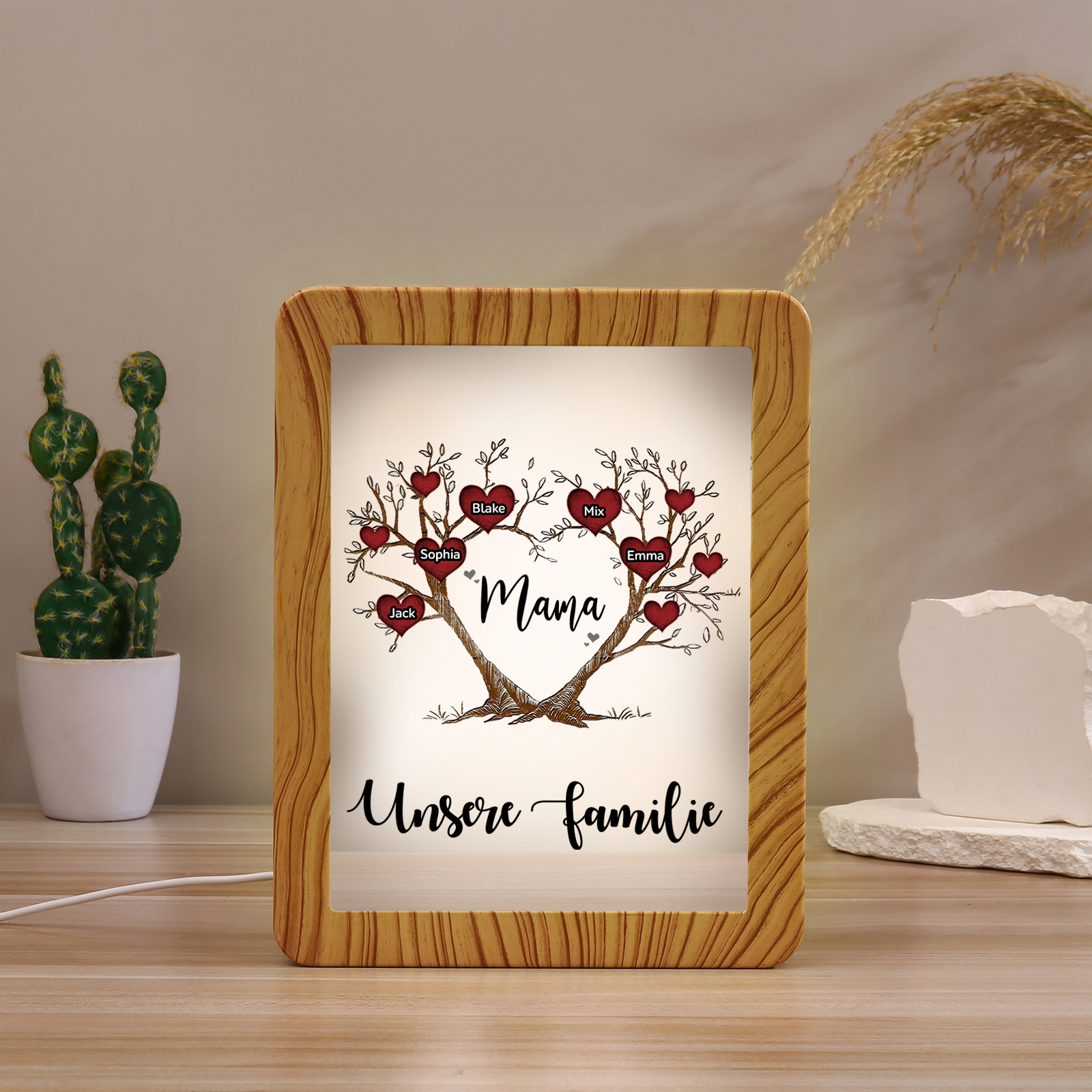 Personalisierte 2 Texte & 5 Namen Familienbaum Familie Spiegelrahmen Nachtlicht LED-Licht