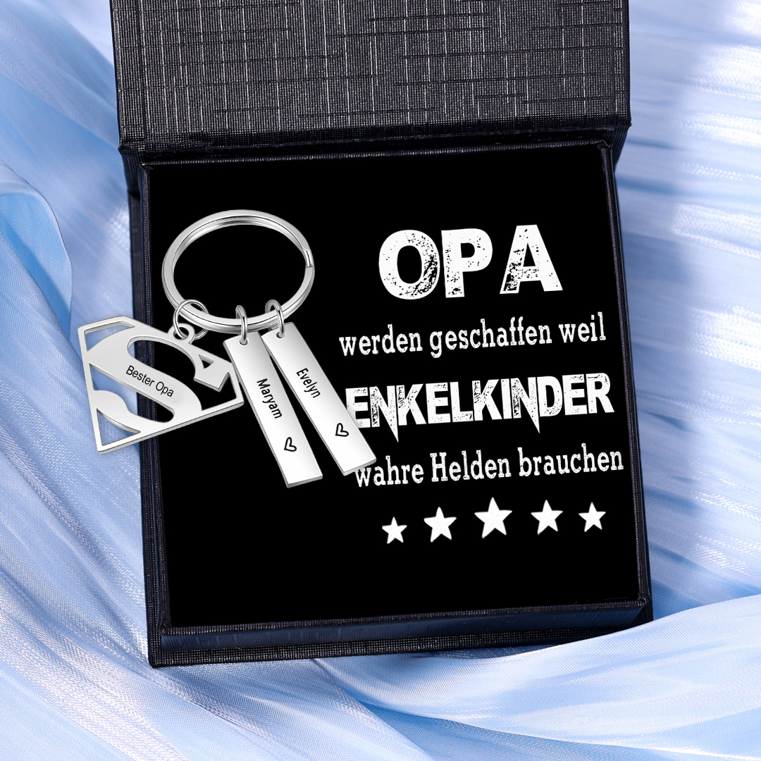 Personalisierbarer Text & 2 Namen Opa werden geschaffen weil Enkelkinder warhe Helden brauchen Schlüsselanhänger-Geschenk mit Nachrichtenkarte