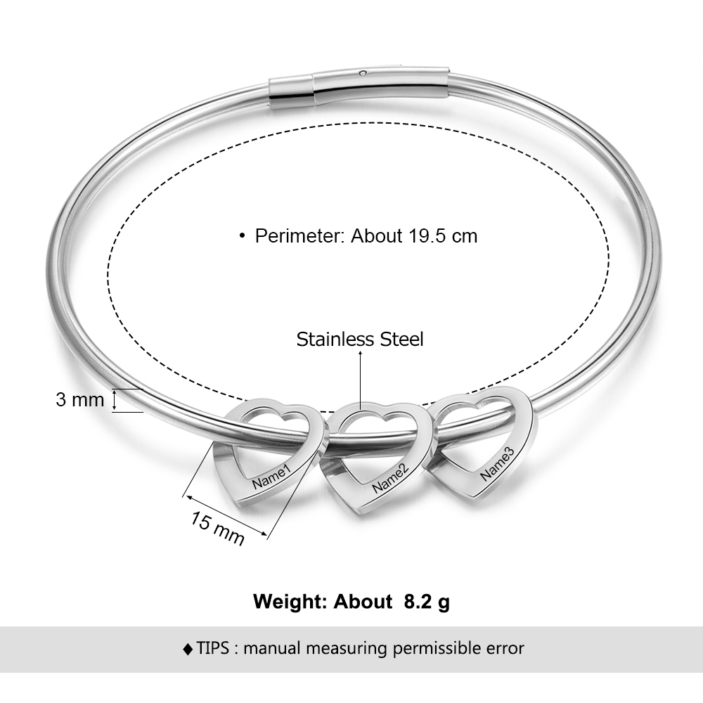 Gravur 3 Namen Herz Armband Armreif mit Herzanhängern