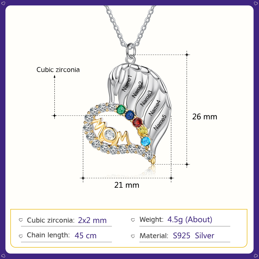 S925 Silber Gravur 5 Namen "MOM" Herz Halskette mit 5 Geburtssteinen