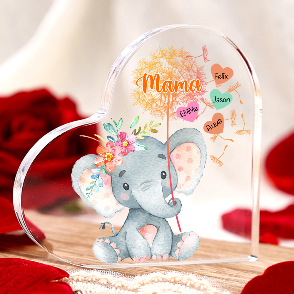 Personalisierte 4 Namen & Text Elefant Herz Familie Acryl-Deko Schreibtischdekoration für Mutter