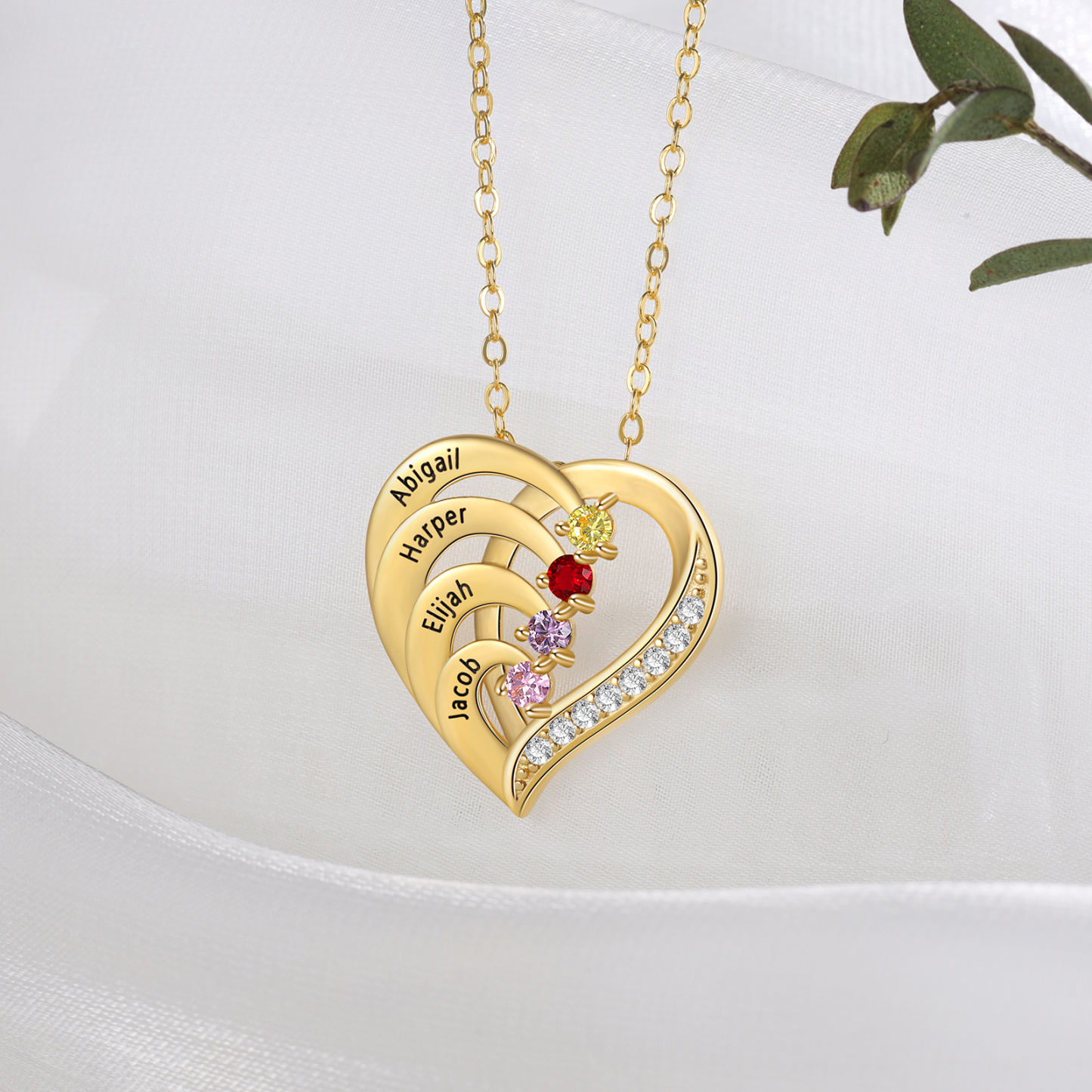 S925 Sterling Silber Personalisierte Herz Halskette 4 Namen und 4 Geburtssteine