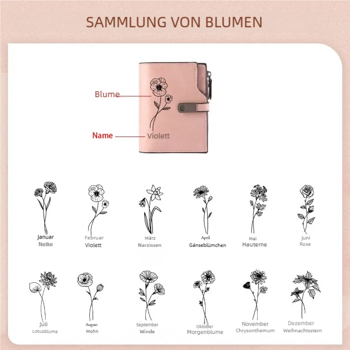 Monogramm-Geldbörse aus PU-Leder mit Name-Blume-Gravur für Damen