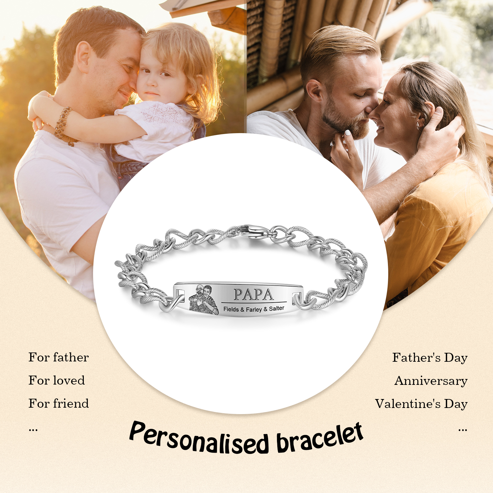 Herren Armband-Personalisiertes 3 Namen & Text & Foto Edelstahl Armband 