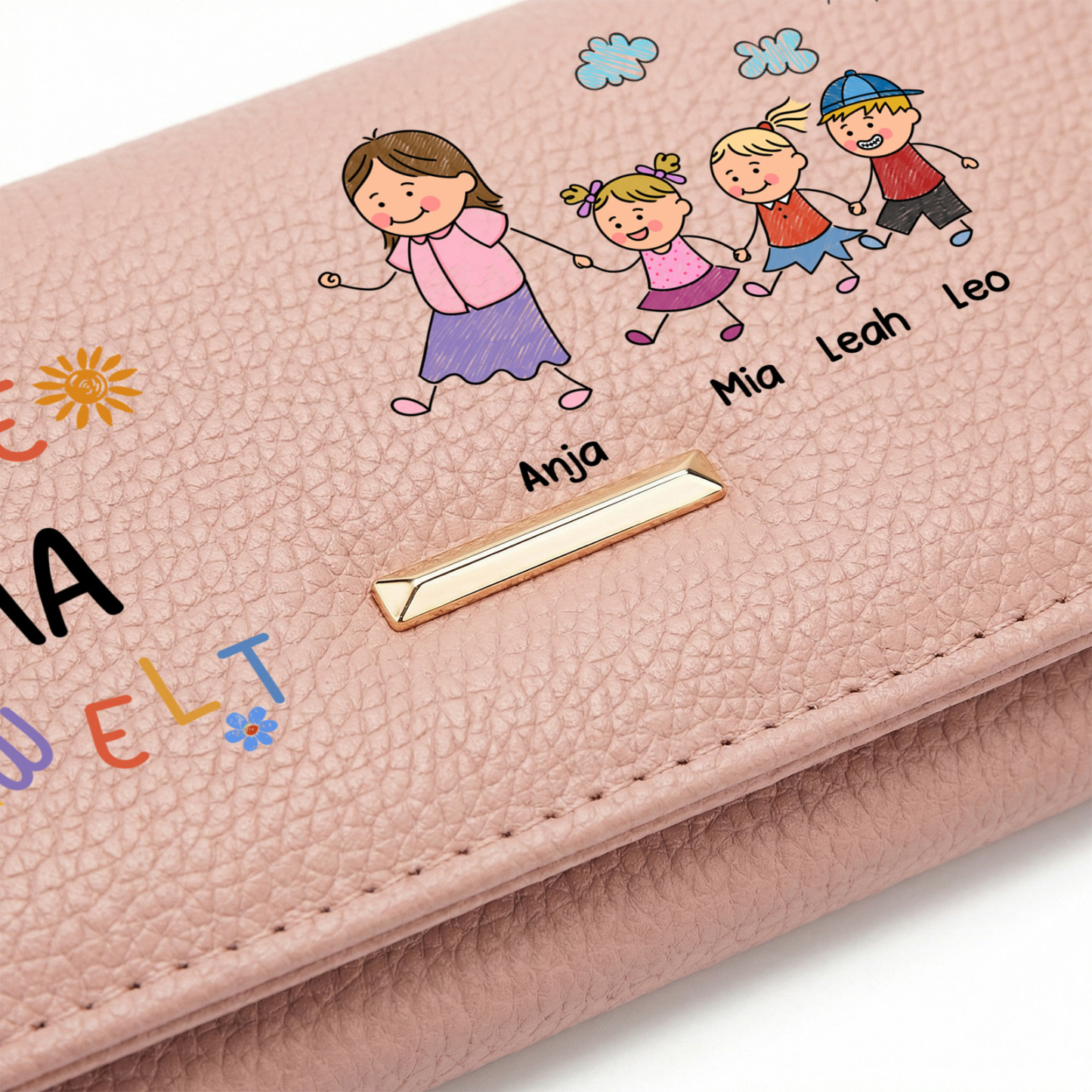 Personalisierte Leder-Geldbörse Beste Mama aller Zeiten mit Familienmotiv personalisiert mit 1 bis 8 Namen