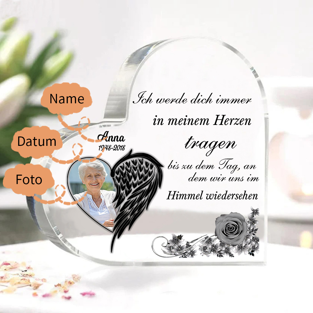 Personalisiertes Foto & Name & Jahr Acryl-Deko-Ich werde dich immer in meinem Herzen tragen-Trauer Schreibtischdekoration