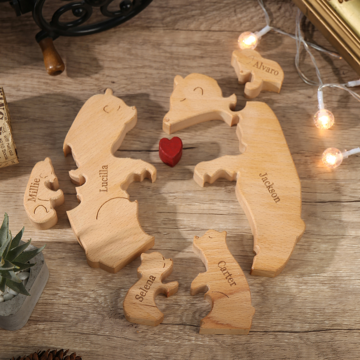 Holzskulptur-Personalisierte 6 Namen Bär Umarmung Familie Holz Deko