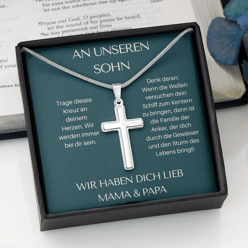 925 Sterling Silber An Unseren Sohn von Mama & Papa  Kommunion Kreuz Halskette - Geschenk mit Nachrichtenkarte