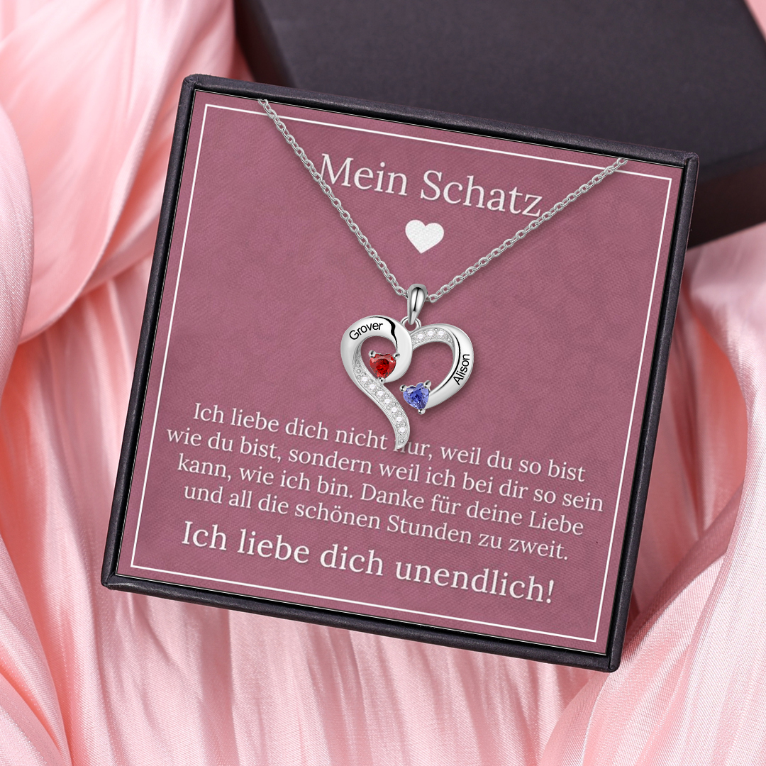 Personalisierte 2 Namen & 2 Geburtssteine Herz Halskette-Ich liebe dich unendlich-Geschenk mit Nachrichtenkarte 