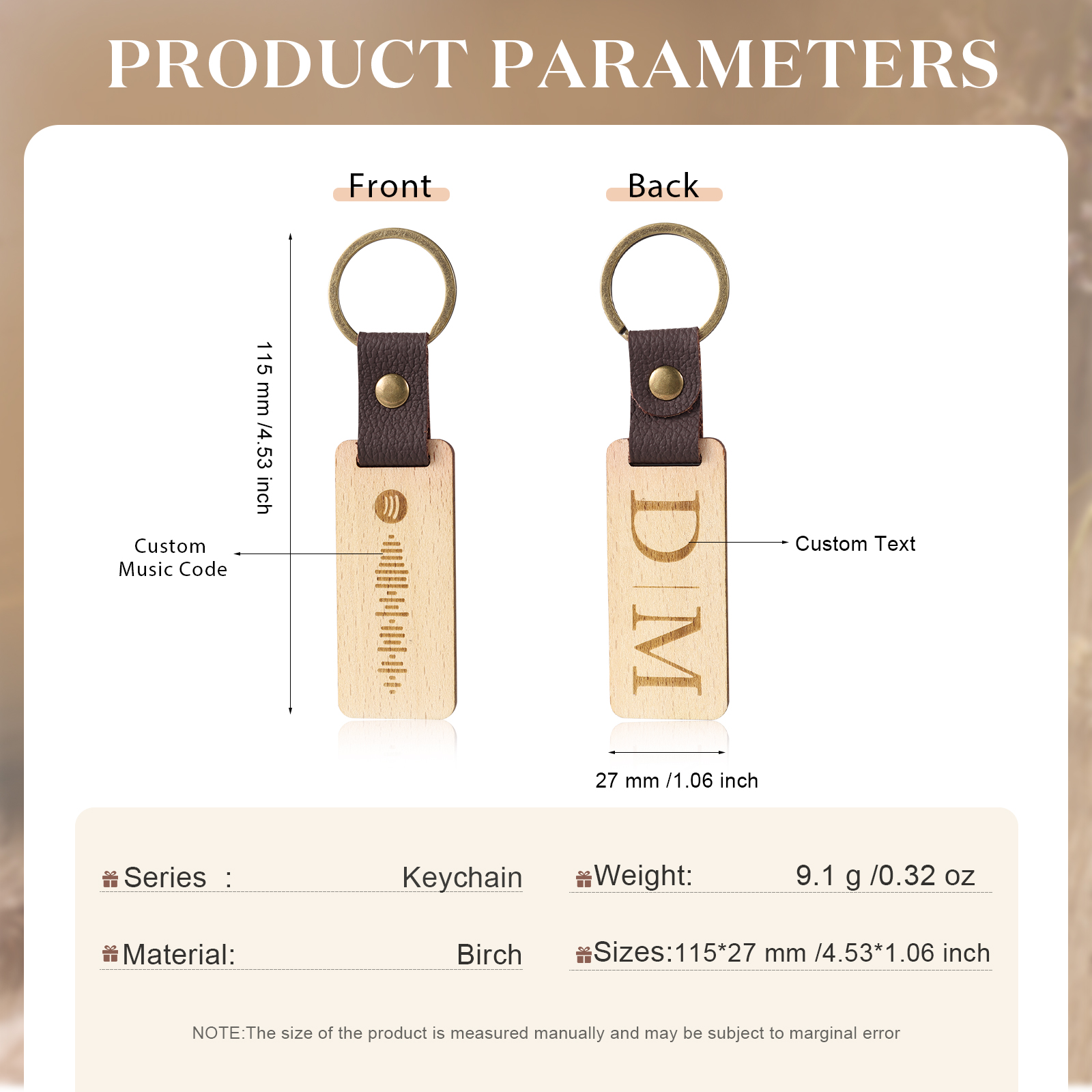 Personalisierter Text & Spotify Code PU Leder Holz Birke Schlüsselanhänger