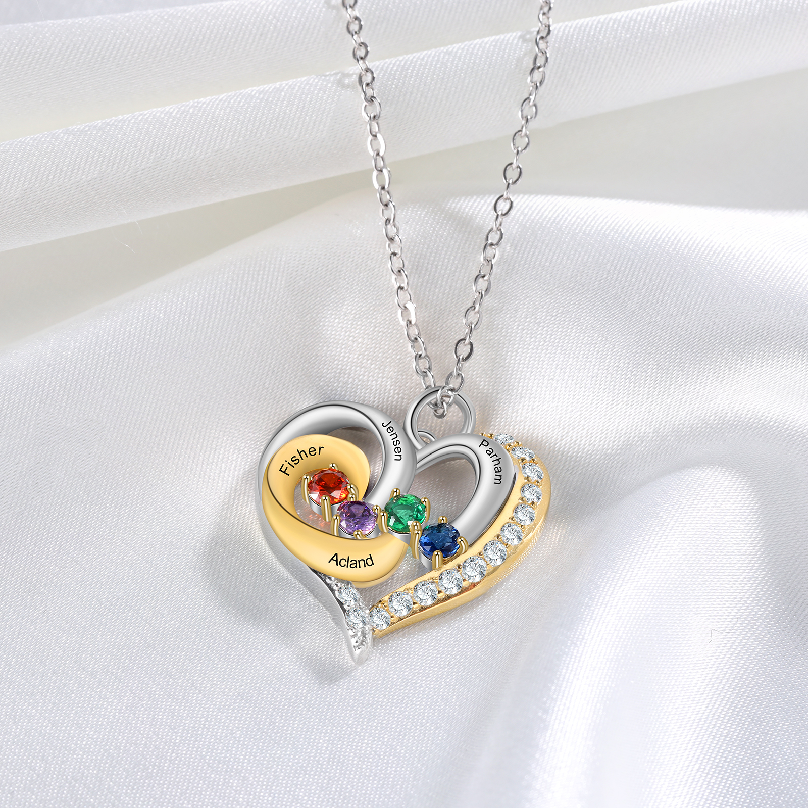 S925 Silber Gravur 4 Namen Herz Halskette mit 4 Geburtssteinen