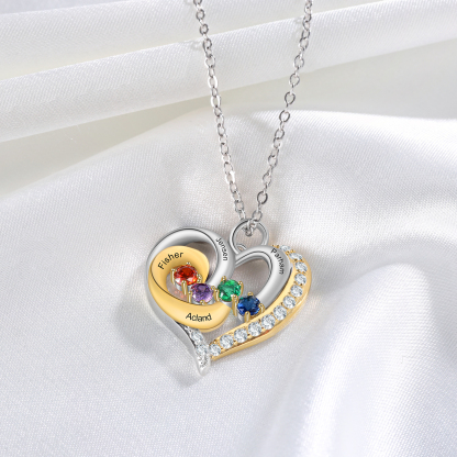 S925 Silber Gravur 4 Namen Herz Halskette mit 4 Geburtssteinen