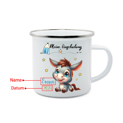 Emaille Tasse-Personalisierter Name & Datum Eselchen Becher -Meine Einschulung- Geschenk zum Schulanfang