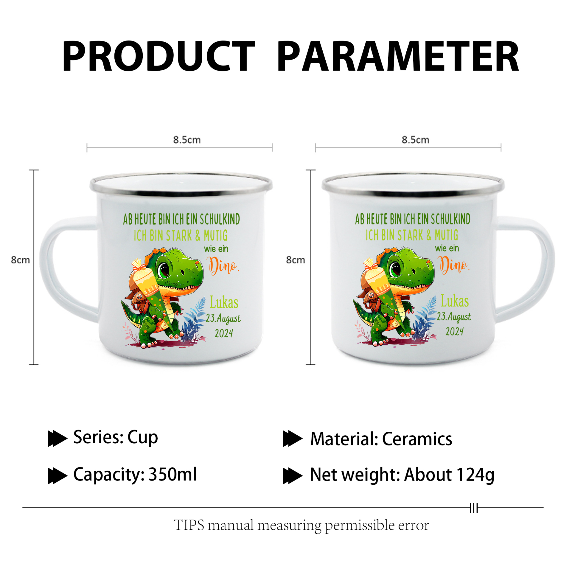 Emaille Tasse-Personalisierter Name & Datum Dino Becher - Ich bin stark & mutig wie ein Dino - Geschenk zum Schulanfang