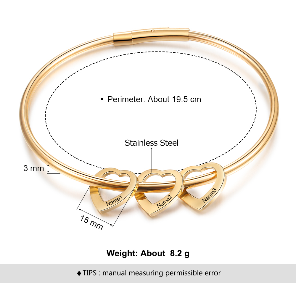 Gravur 3 Namen Herz Armband Armreif mit Herzanhängern