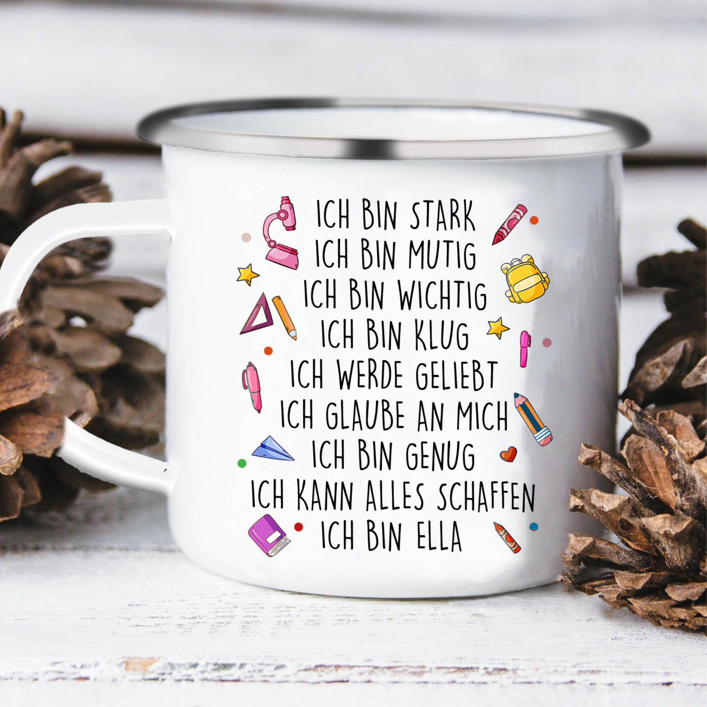 Schulanfang Geschenkset-Personalisierter Name & Datum Hase Emaille Tasse & Personalisierter Name Stifteetui & 3 Gummiband Armbänder Set - Geschenk für Schulkind mit Geschenk Box