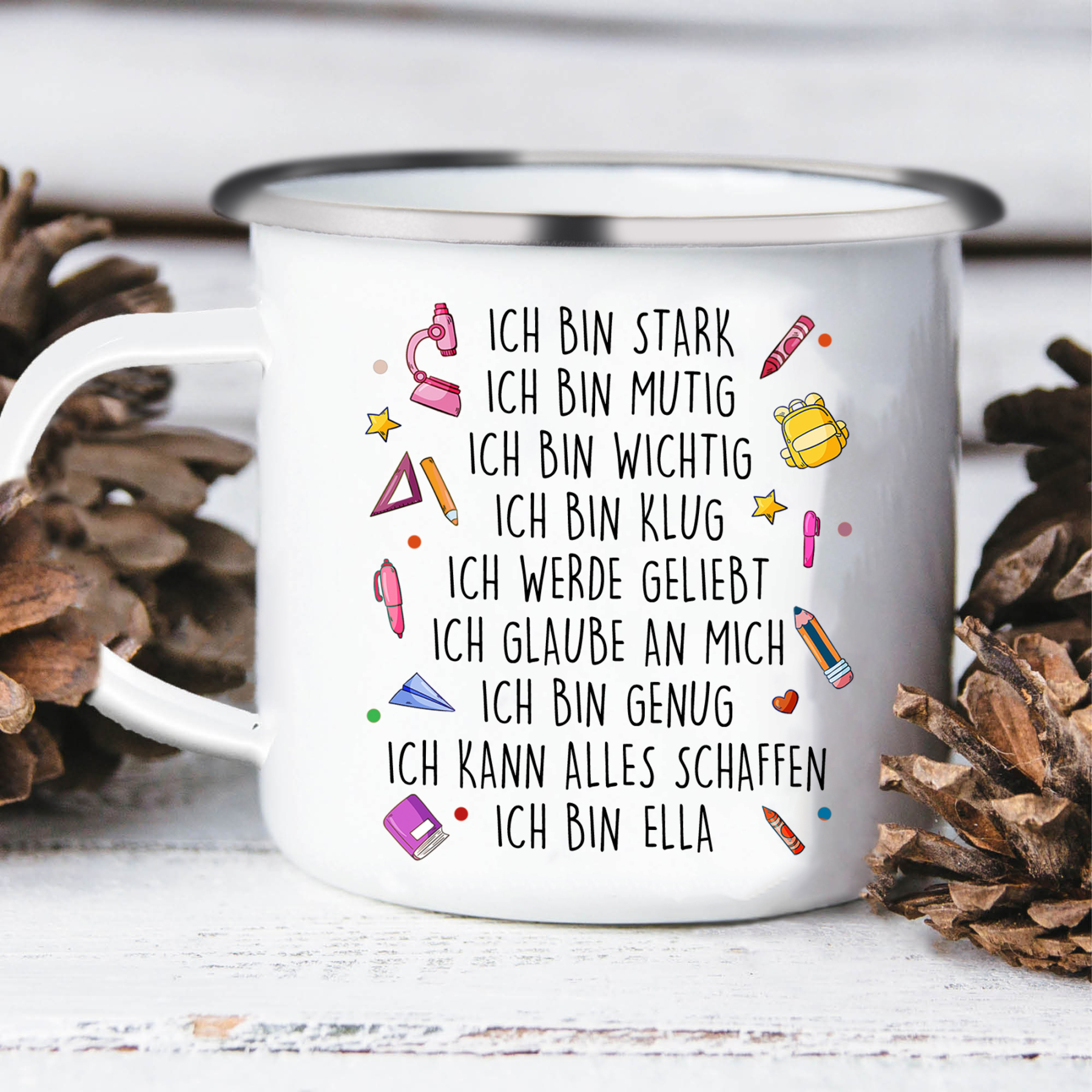 Schulanfang Geschenkset-Personalisierter Name & Datum Hase Emaille Tasse & Personalisierter Name Stifteetui & 3 Gummiband Armbänder Set - Geschenk für Schulkind mit Geschenk Box
