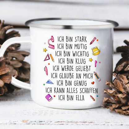 Schulanfang Geschenkset-Personalisierter Name & Datum Hase Emaille Tasse & Personalisierter Name Stifteetui & 3 Gummiband Armbänder Set - Geschenk für Schulkind mit Geschenk Box