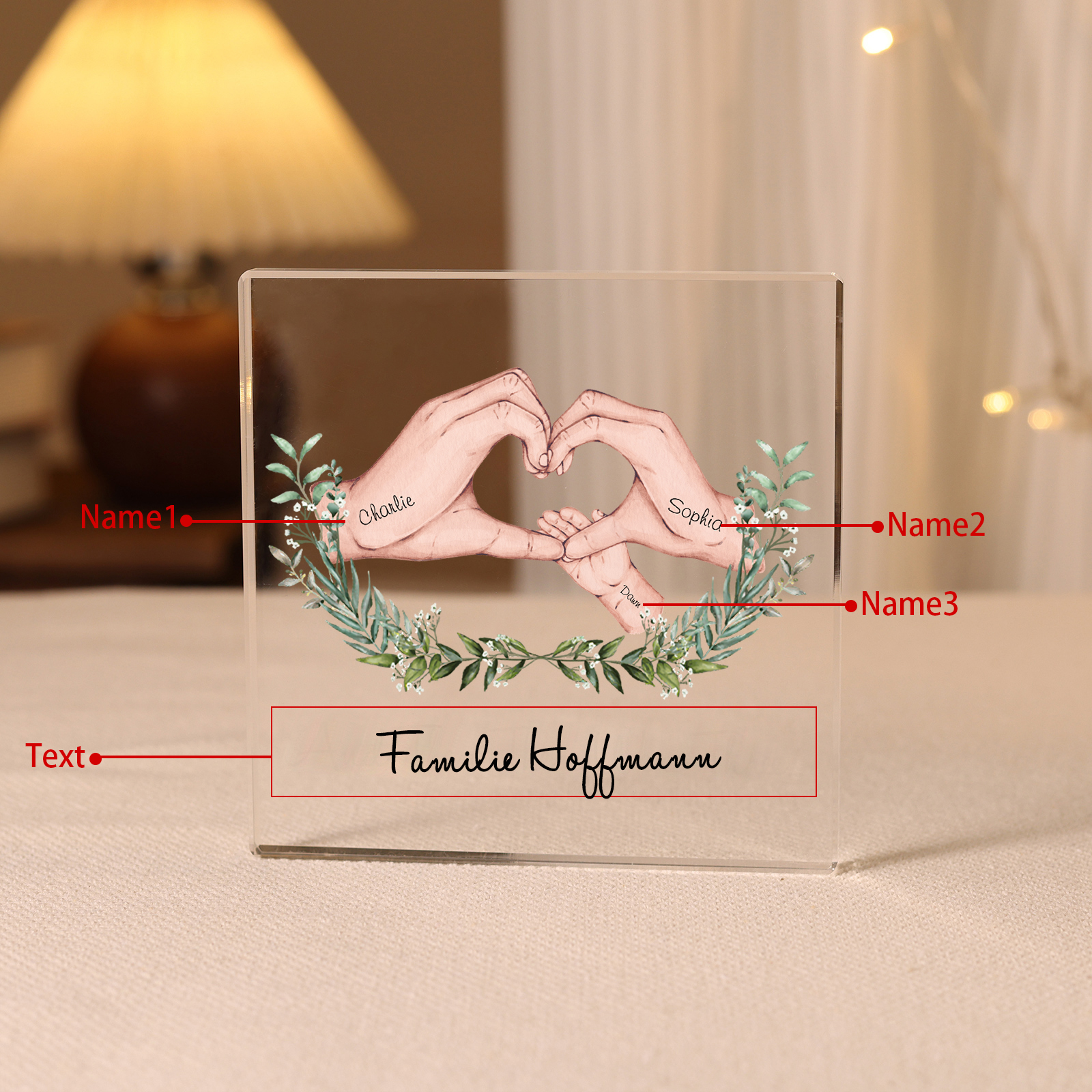 Quadrat Acryl-Deko Personalisierte 3 Namen & Text Herz Hand Familie Schreibtischdekoration